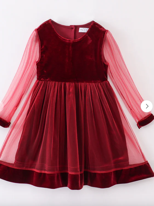 Maroon Velvet Mesh Sleeve Dress