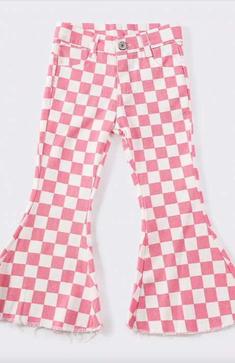 Pink Checker Bell Bottom Denim