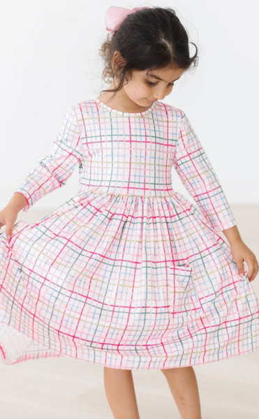 Pink Plaid 3/4 Sleeve Pocket Twirl Dress