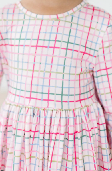 Pink Plaid 3/4 Sleeve Pocket Twirl Dress