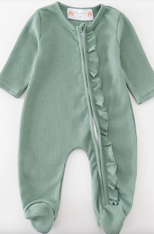 Sage Waffle Ruffle Zip Footie