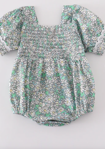 Green Floral Smocked Bubble Romper
