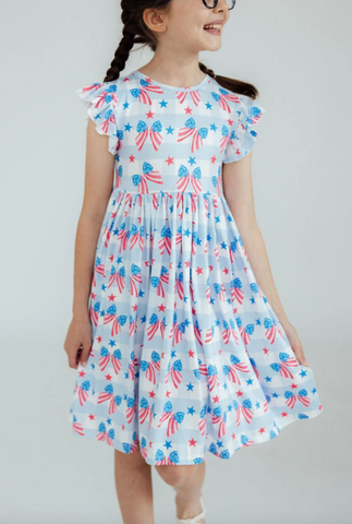 Red, White, & Bows Flutter Sleeve Twirl Dress