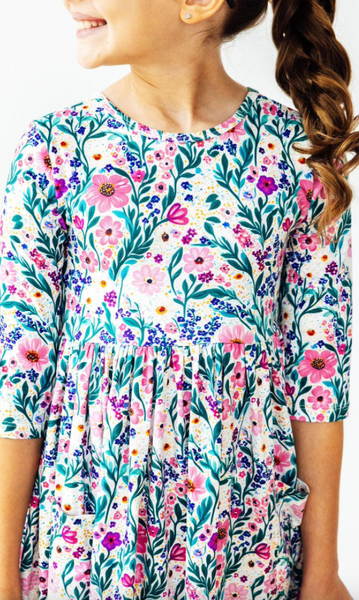 Vivid Garden 3/4 Sleeve Pocket Twirl Dress