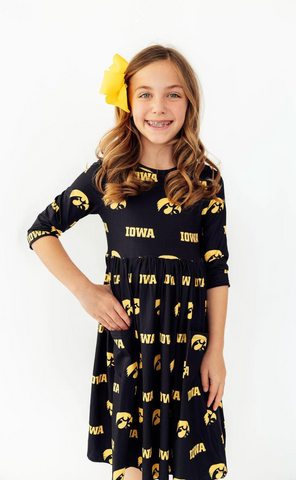 Iowa Hawkeye Black 3/4 Sleeve Pocket Twirl Dress
