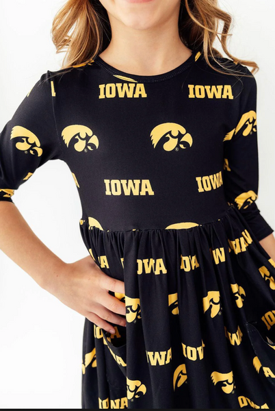 Iowa Hawkeye Black 3/4 Sleeve Pocket Twirl Dress