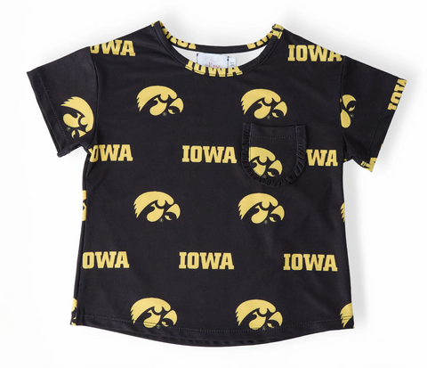 Iowa Hawkeye Black Ruffle Pocket Tee