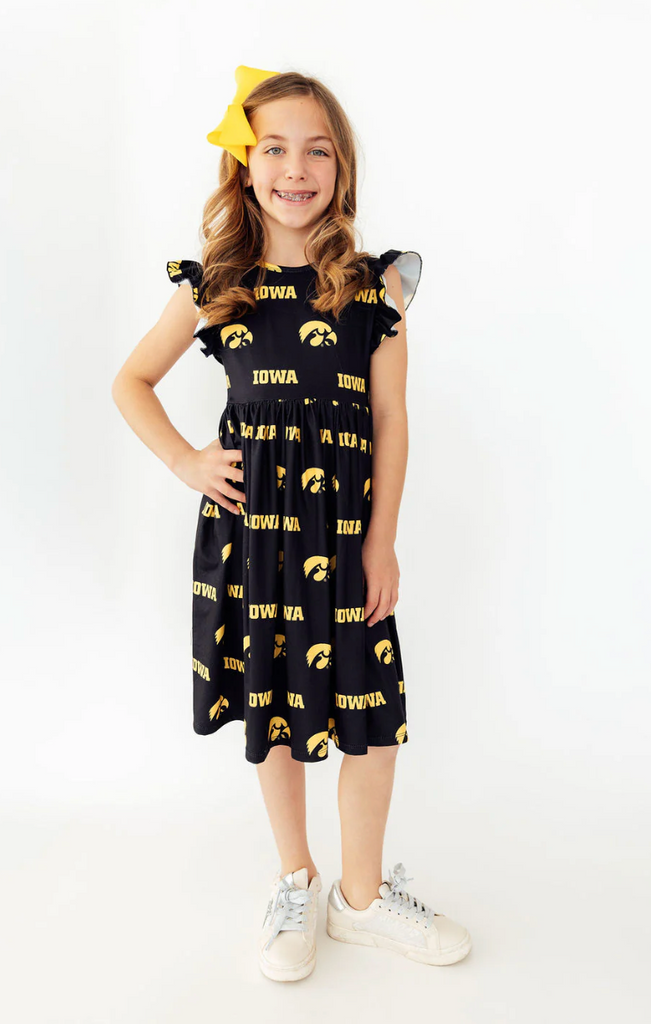 Iowa Hawkeyes Black Flutter Sleeve Twirl Dress