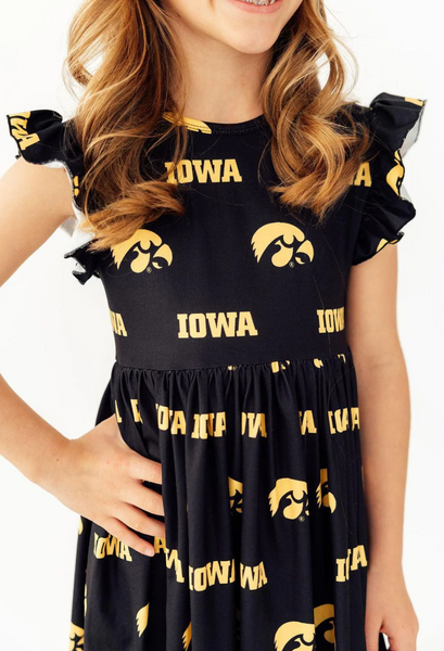 Iowa Hawkeyes Black Flutter Sleeve Twirl Dress