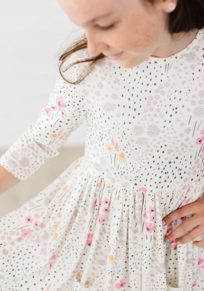 Whimsical Wildflowers 3/4 Sleeve Pocket Twirl Dress