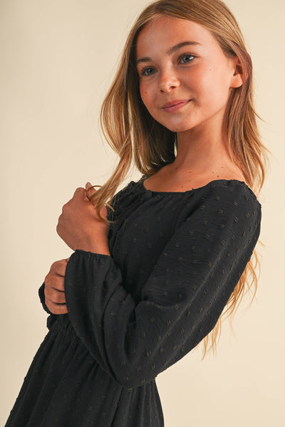 GIRLS BLACK JULIETTE WAIST DRESS (7-14)