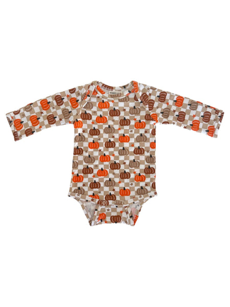 Long Sleeve Bodysuit, Pumpkin Checkerboard