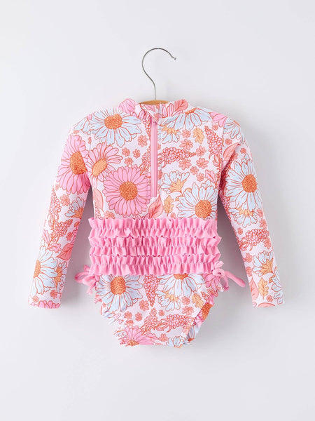 Summer Daisy Floral Girl Long Sleeve Ruffle One Piece Swimsuit