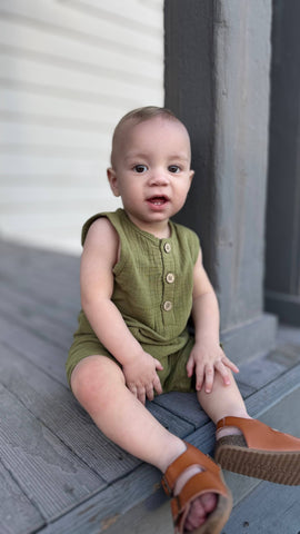 Sleeveless organic gender neutral muslin romper -Olive Green