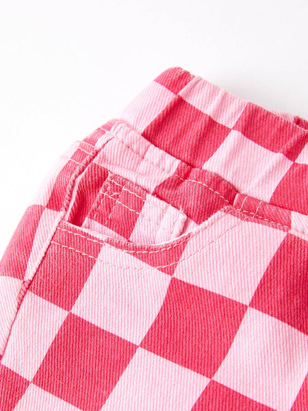 Pink Checkered Elastic Flare Jeans