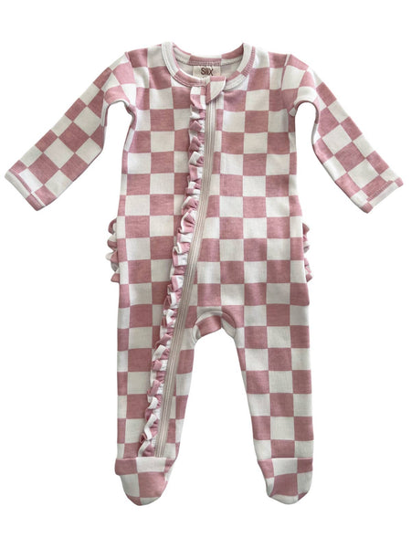 Strawberry Shortcake Checkerboard / Organic Frill Zip Footie