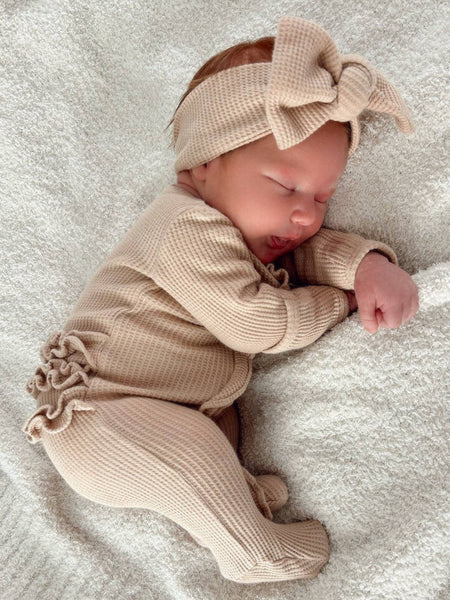 Organic Waffle 2-Way Zip Ruffle Footie, Tan