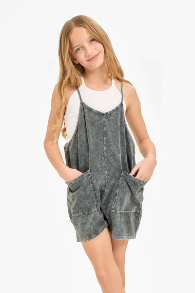 Two Pocket Mineral Wash Overall Romper / Onesie
