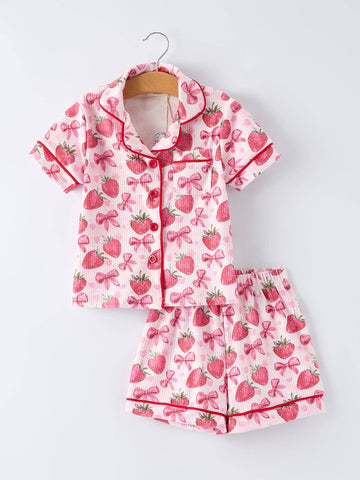 Strawberry Bow Short Sleeve + Shorts Pajama Set