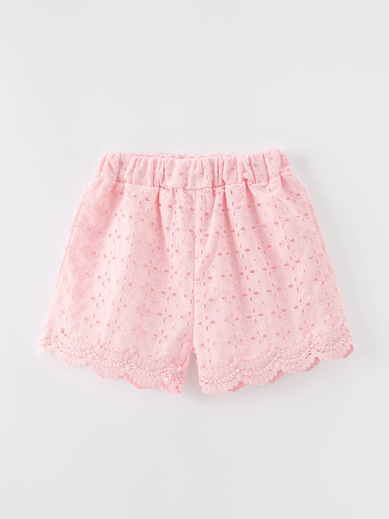 Eyelet Girls Shorts Elastic Waist Scallop Hem- Pink