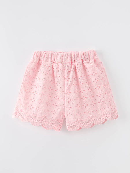 Eyelet Girls Shorts Elastic Waist Scallop Hem- Pink