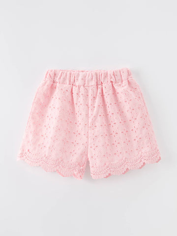 Eyelet Girls Shorts Elastic Waist Scallop Hem- Pink