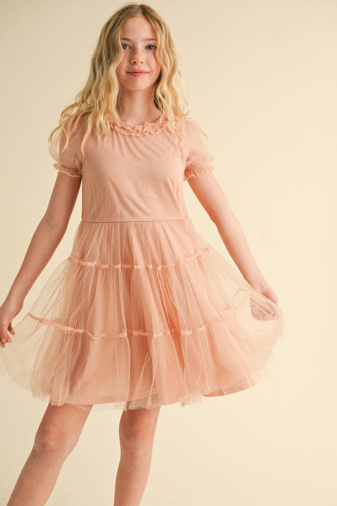 Puff Sleeve Tiered Mesh Mini Dress - Tween 12 Puff Sleeve Tiered Mesh Mini Dress - Tween 12