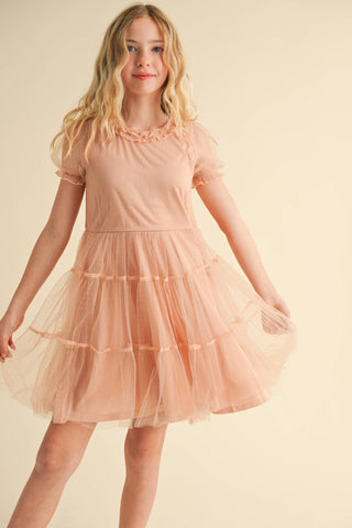 TWEEN GIRLS PUFF SLV TIERED MESH MINI DRESS (7-12)