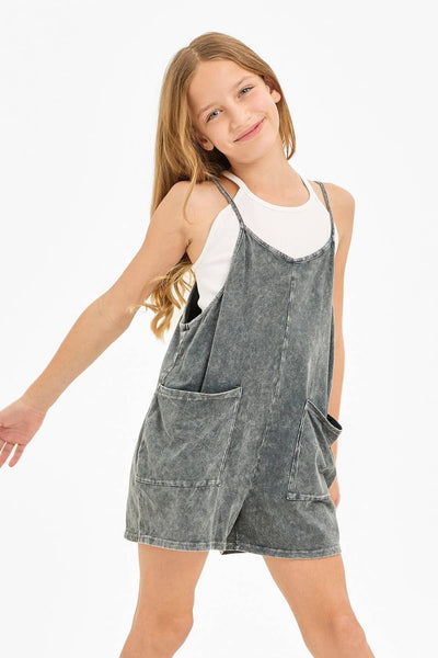 Two Pocket Mineral Wash Overall Romper / Onesie