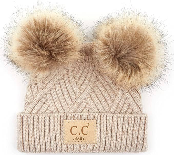 C.C Baby Double Pom Beanie (Diagonal Basketweave/Beige)