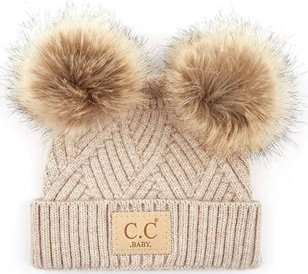 C.C Baby Double Pom Beanie (Diagonal Basketweave/Beige)