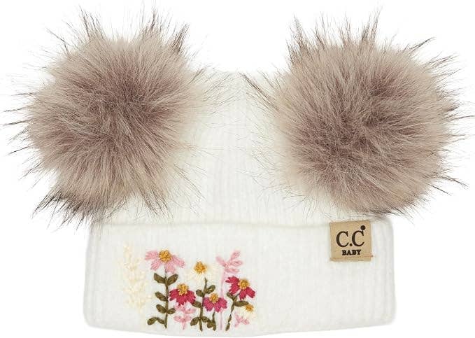 Baby Double Pom Beanie -  Embroirdered Flowers - White