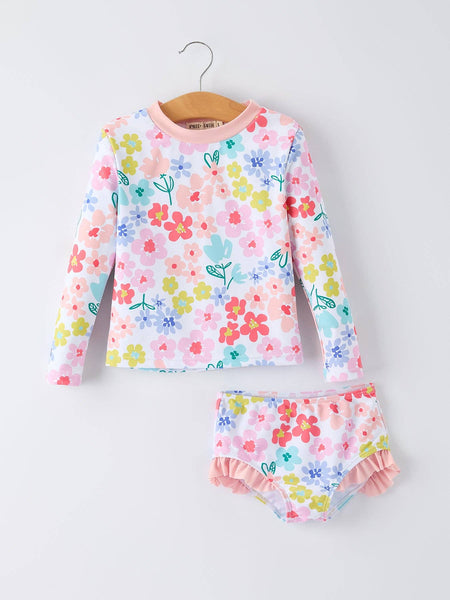 Floral Girls Long Sleeve Swim Set