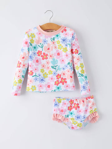Floral Girls Long Sleeve Swim Set