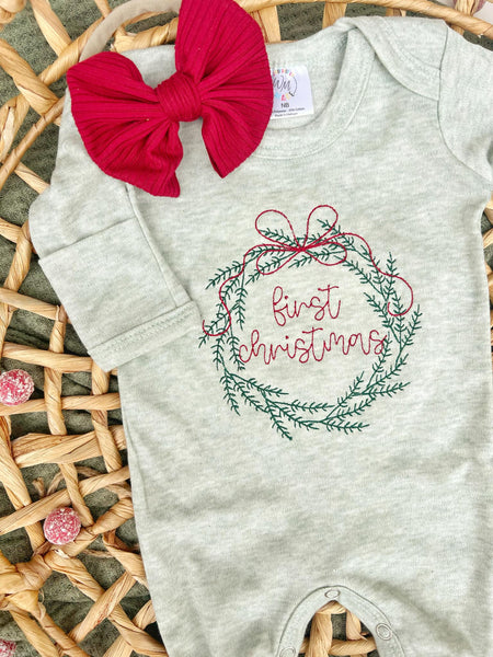 Baby Romper | Sage Green First Christmas Wreath Outfit