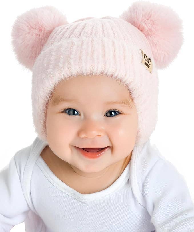 C.C Infant Double Pom Chenille Earflap Beanie - Light Pink