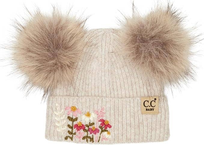 C.C Baby Double Pom Beanie - Embroirdered Flowers - Beige