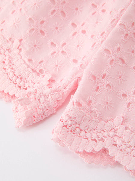 Eyelet Girls Shorts Elastic Waist Scallop Hem- Pink