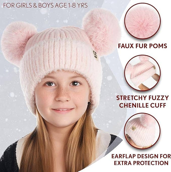 C.C Kids Double Pom Chenille Earflap Beanie - Light Pink