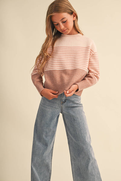 TWEEN GIRLS Blush Stripe DROP SHOULDER SWEATER  (7-14)