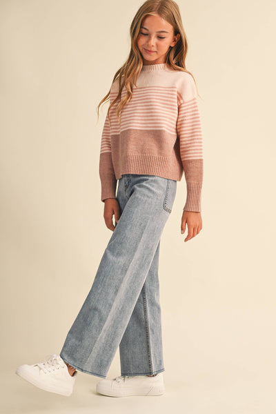 TWEEN GIRLS Blush Stripe DROP SHOULDER SWEATER  (7-14)