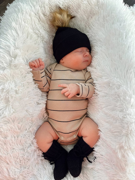 Tan/Black Stripe / Organic Ribbed Long Sleeve Bodysuit