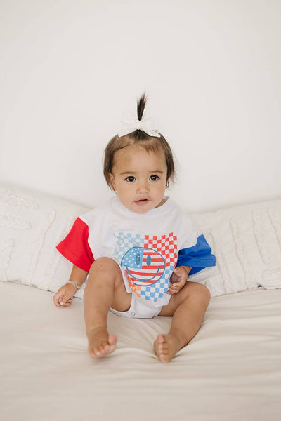 4th of July Colorblock Checker Smiley Oversized T-Shirt Romper - 4th of July Outfit