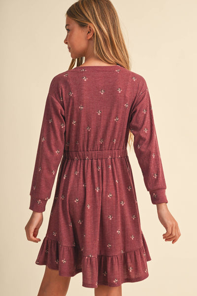GIRLS BURGUNDY KNIT LONG SLEEVE DRESS (7-14)