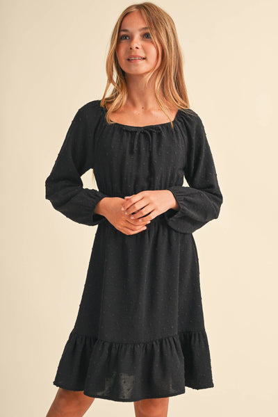 GIRLS BLACK JULIETTE WAIST DRESS (7-14)