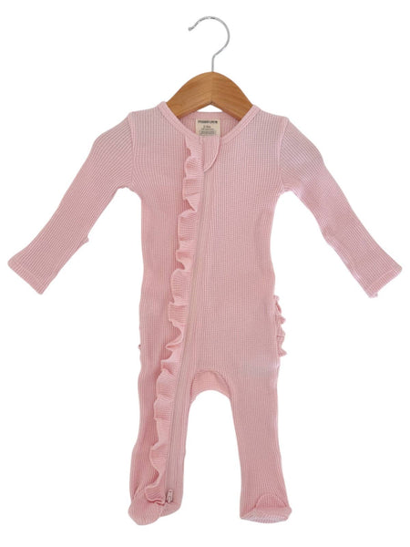 Organic Waffle 2-Way Zip Ruffle Footie, Blush