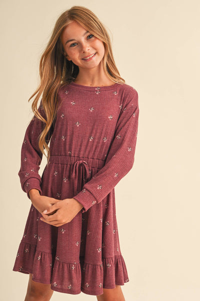 GIRLS BURGUNDY KNIT LONG SLEEVE DRESS (7-14)