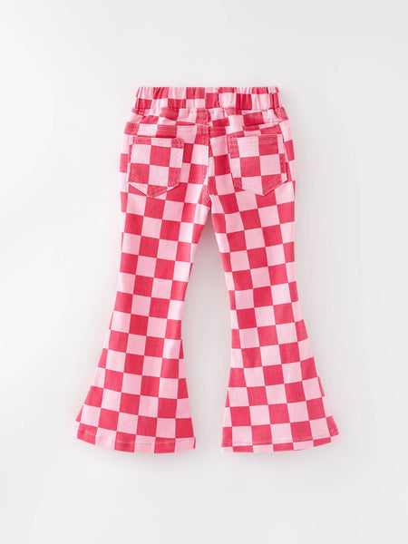 Pink Checkered Elastic Flare Jeans