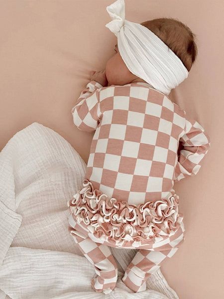 Strawberry Shortcake Checkerboard / Organic Frill Zip Footie