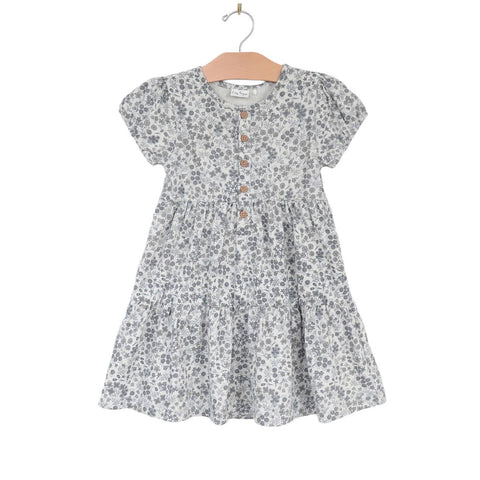 Puff Sleeve Henley Dress- Calico Floral- Robin's Egg